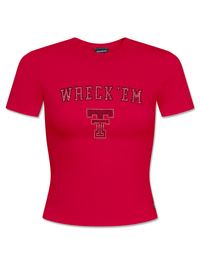 Red fitted jersey tee with WRECK EM arched in rhinestones above a rhinestone Double T
