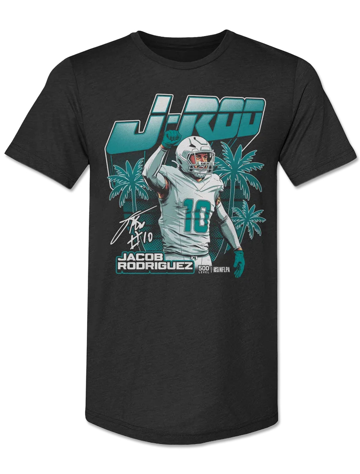 Teal J-Rod Signature graphic on a black t-shirt, Jacob Rodriguez celebrating in a number 10 jersey