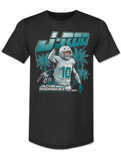 Teal J-Rod Signature graphic on a black t-shirt, Jacob Rodriguez celebrating in a number 10 jersey