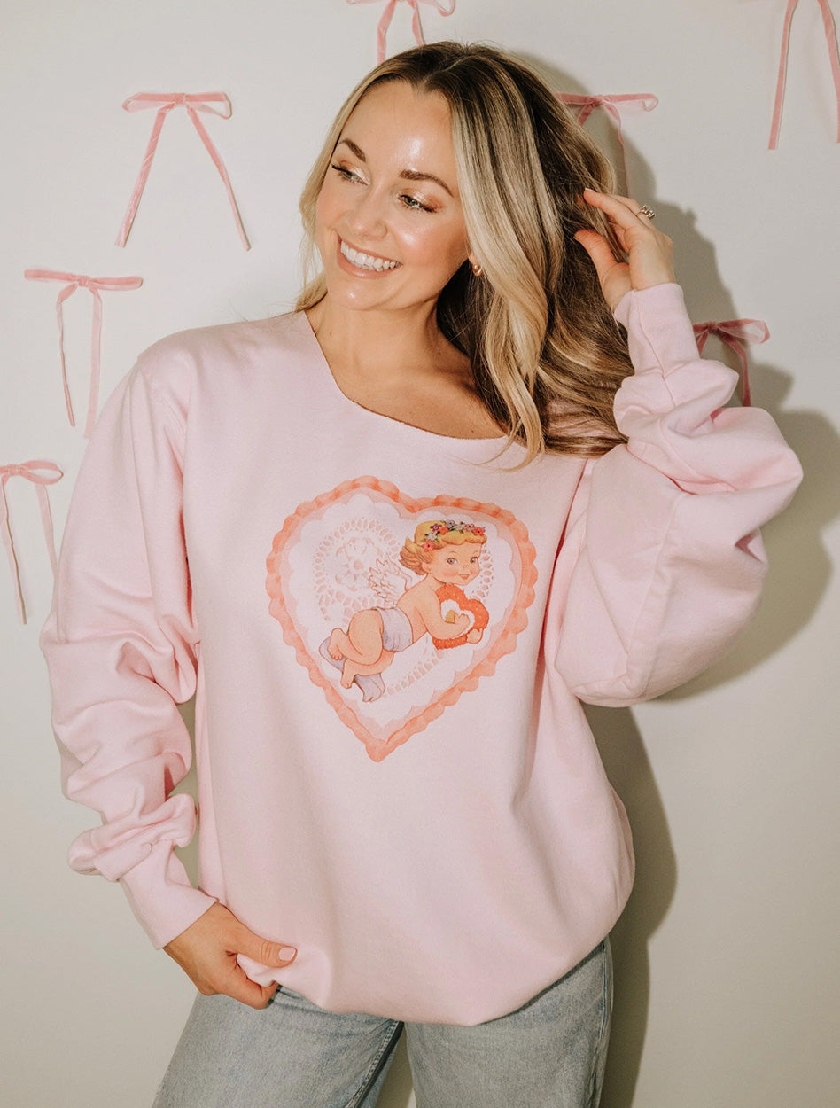 Livy Lu "Cupid Heart" Pink Thrifted Sweatshirt