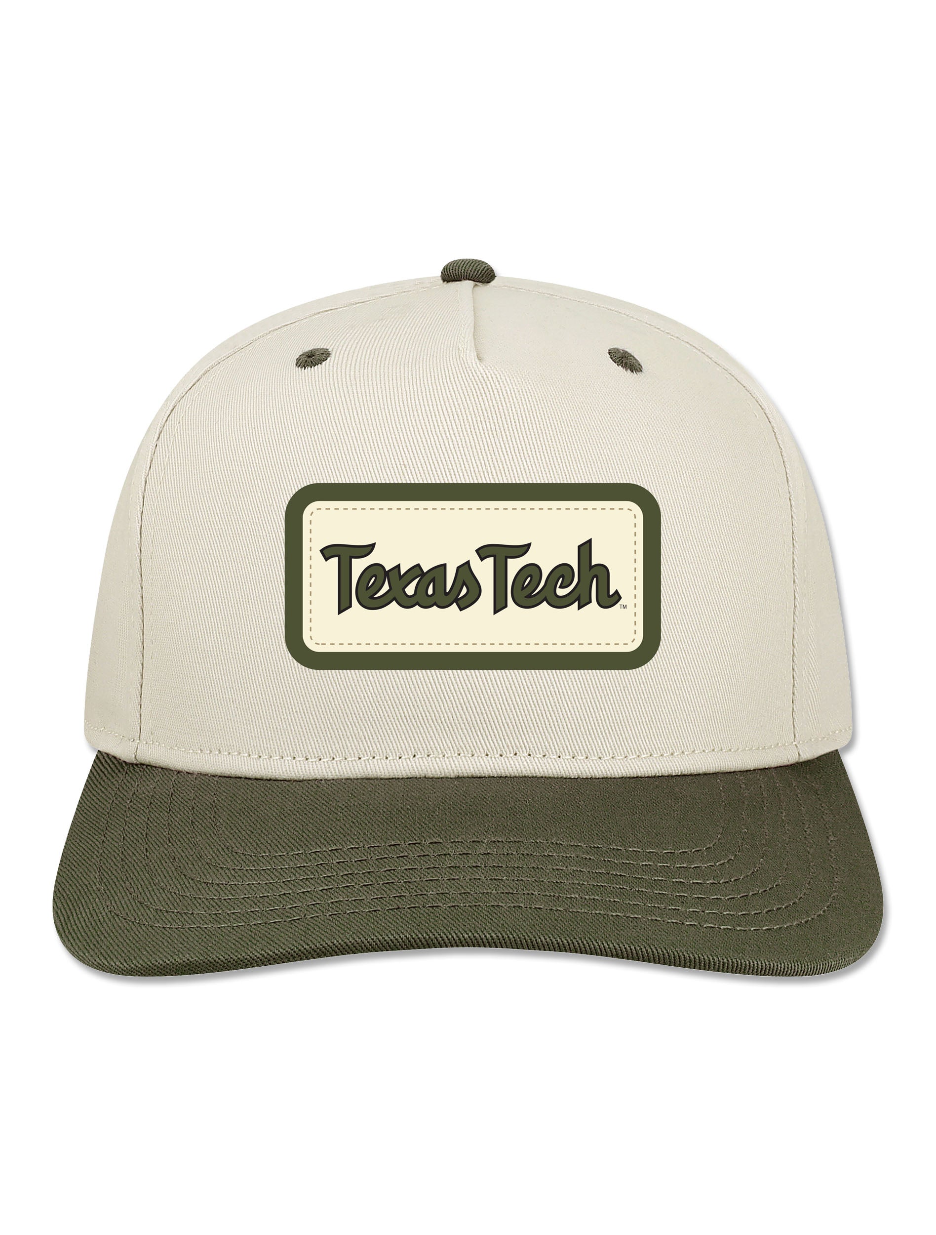 Legacy Texas Tech snapback cap with a cream crown and olive brim, felt patch on the front with Texas Tech in olive script
