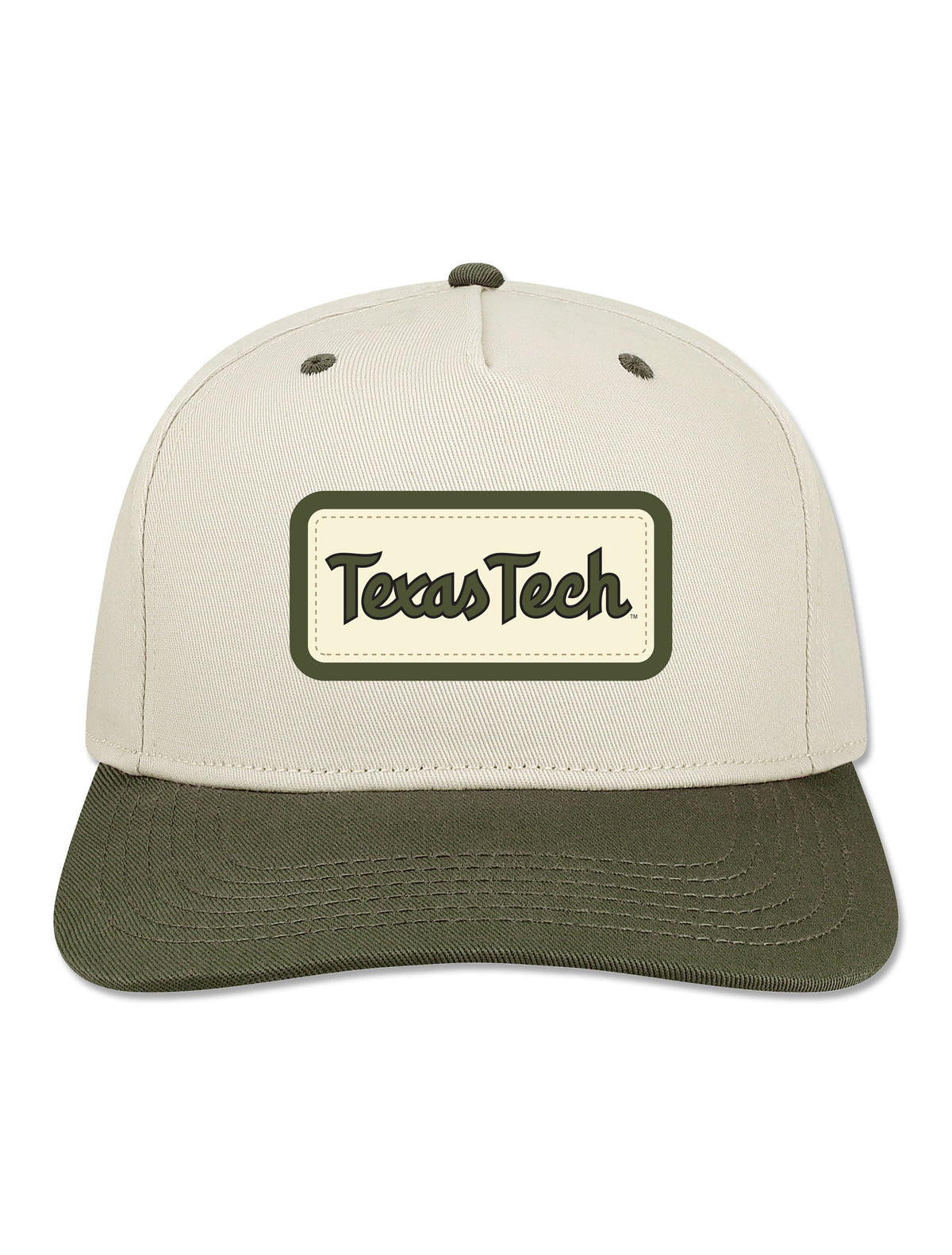Legacy Texas Tech snapback cap with a cream crown and olive brim, felt patch on the front with Texas Tech in olive script