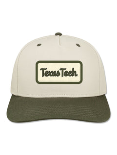 Legacy Texas Tech snapback cap with a cream crown and olive brim, felt patch on the front with Texas Tech in olive script