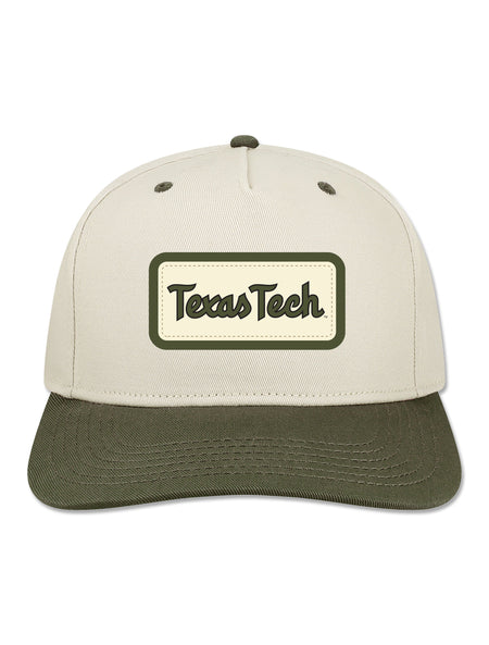 Legacy Texas Tech snapback cap with a cream crown and olive brim, felt patch on the front with Texas Tech in olive script