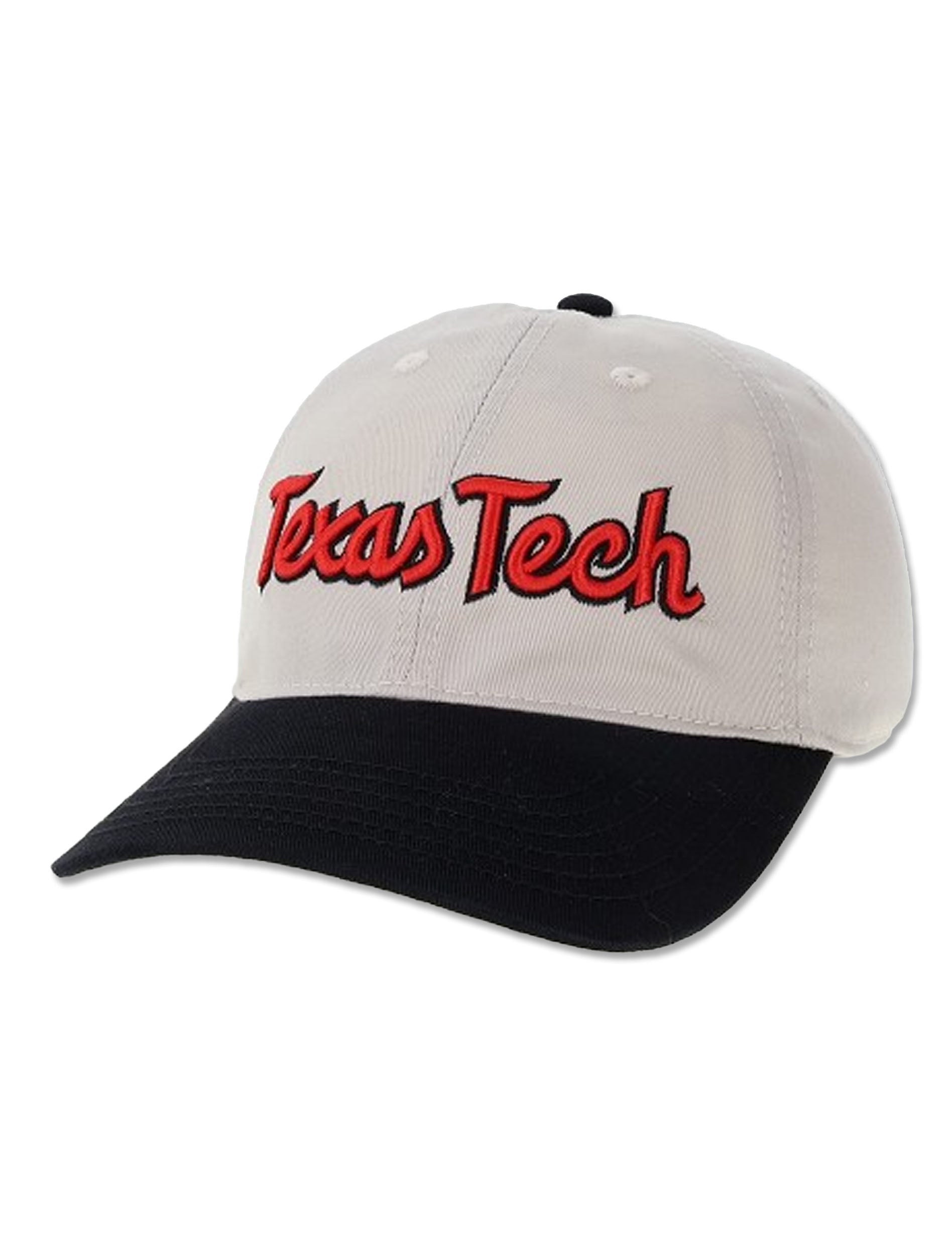 Legacy Texas Tech adjustable cap with a stone grey crown and black brim, Texas Tech embroidered across the front in red script