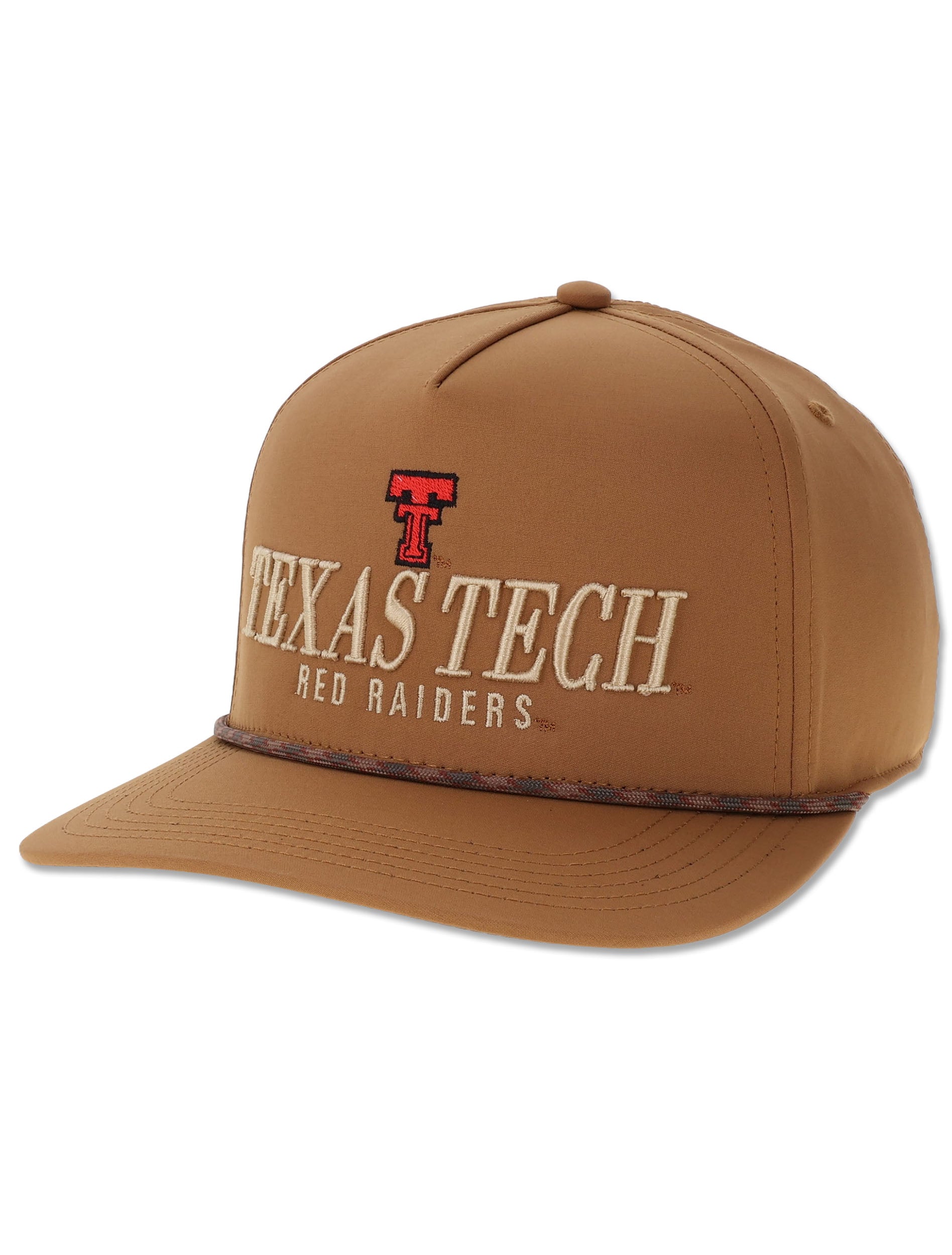 Legacy Texas Tech camel brown rope snapback cap with TEXAS TECH and RED RAIDERS embroidered in cream and a red Double T above