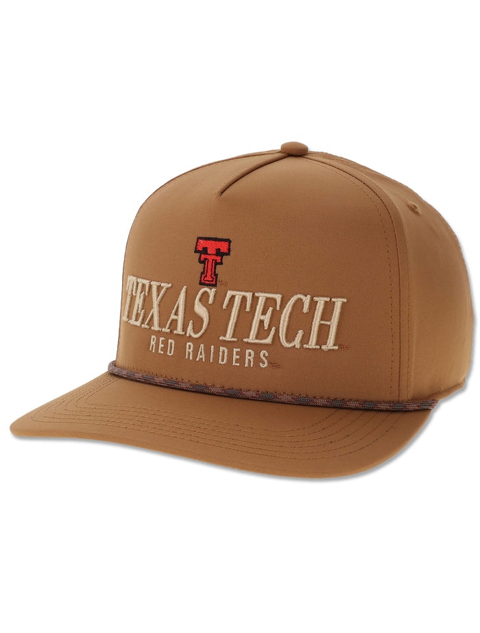 Legacy Texas Tech camel brown rope snapback cap with TEXAS TECH and RED RAIDERS embroidered in cream and a red Double T above