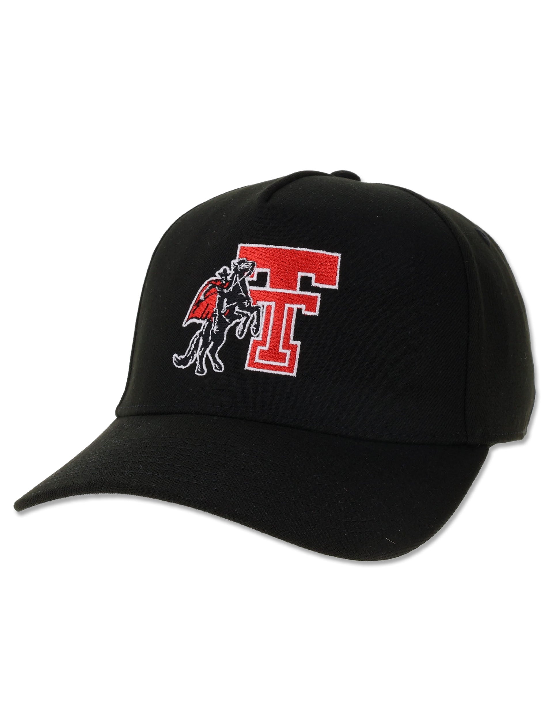 Legacy Texas Tech black snapback cap with the Rearing Rider embroidered on the front, throwback Double T in red and the Masked Rider on a rearing horse