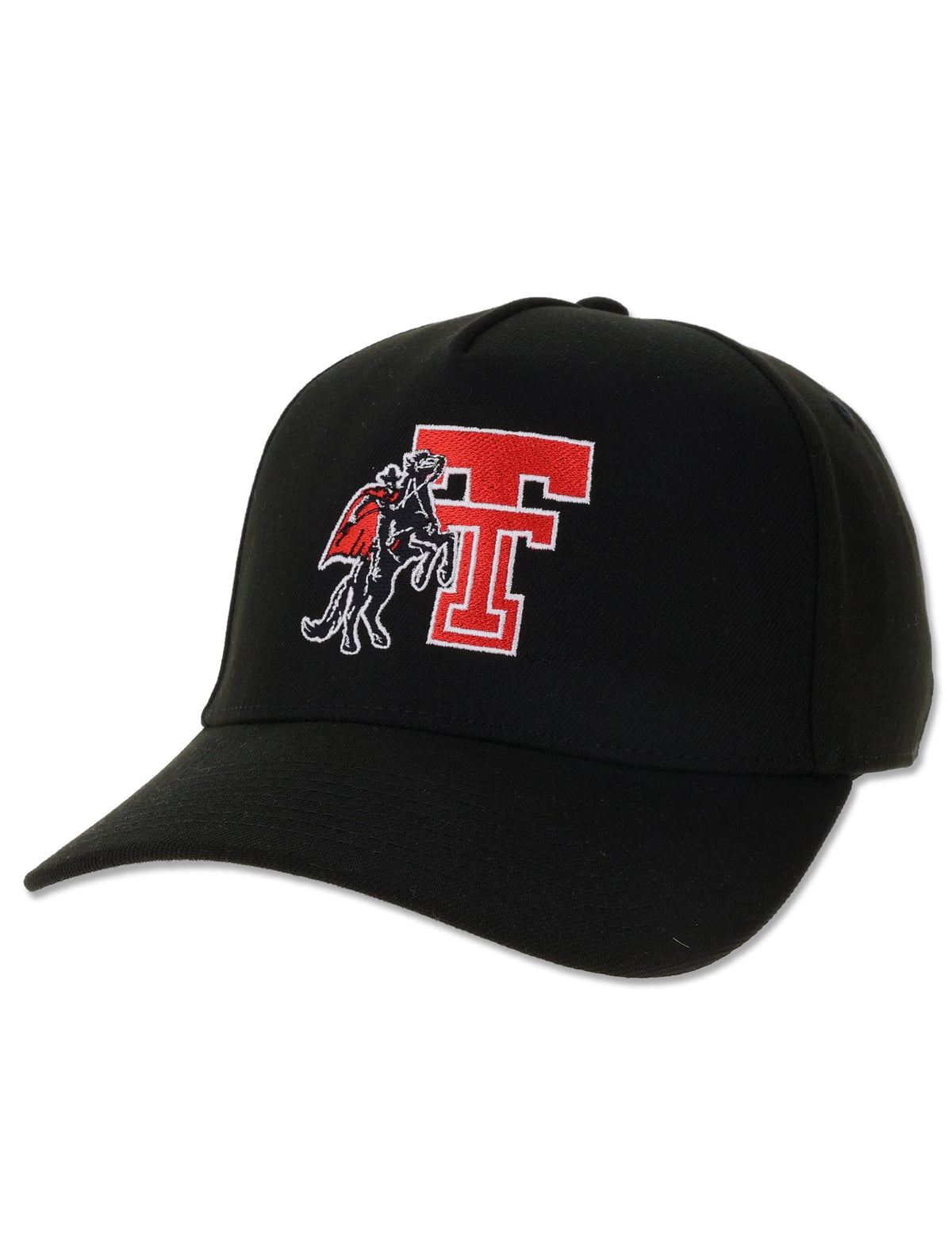 Legacy Texas Tech black snapback cap with the Rearing Rider embroidered on the front, throwback Double T in red and the Masked Rider on a rearing horse