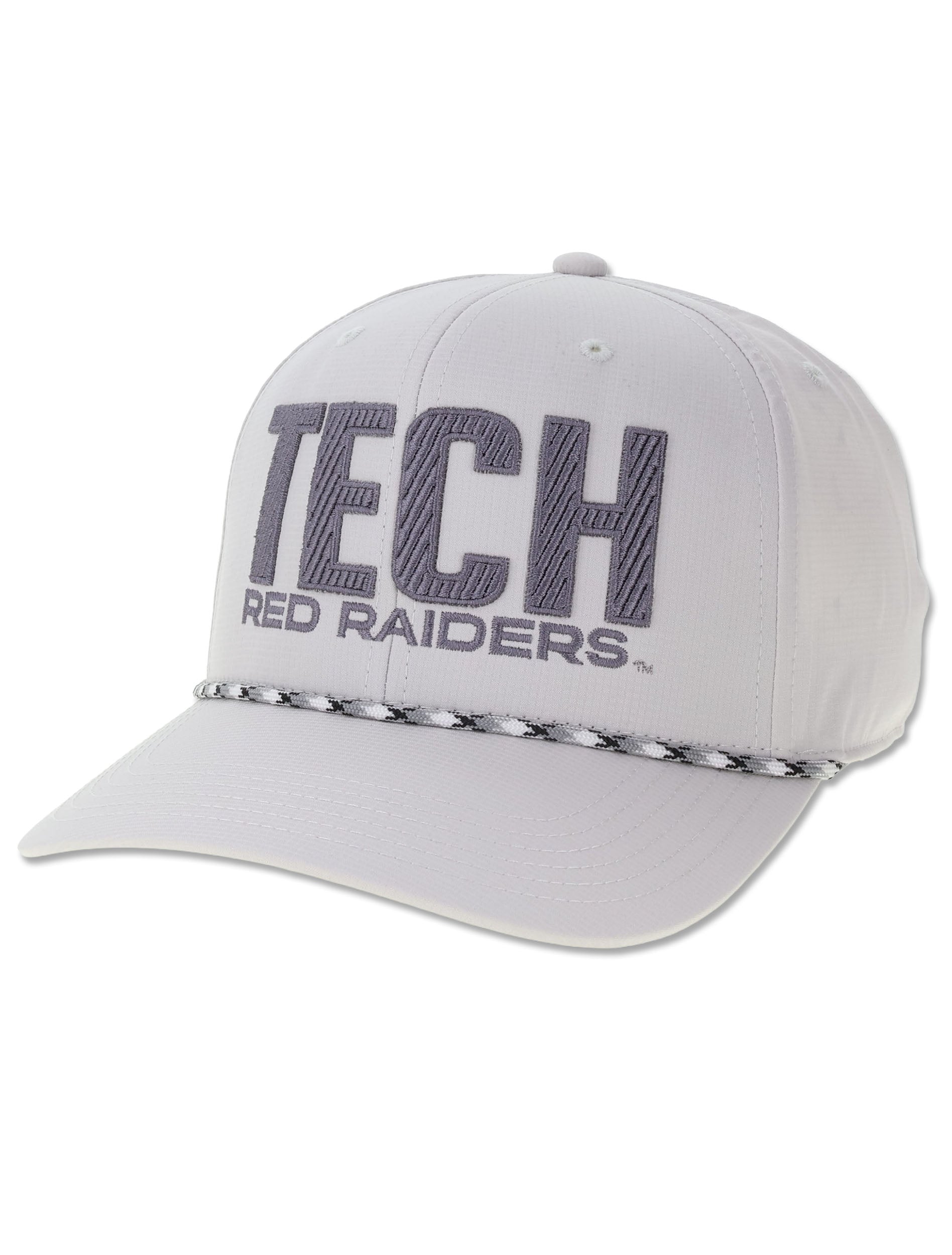 Legacy Texas Tech light grey rope snapback cap with TECH and RED RAIDERS embroidered in tonal grey and a flecked rope across the brim