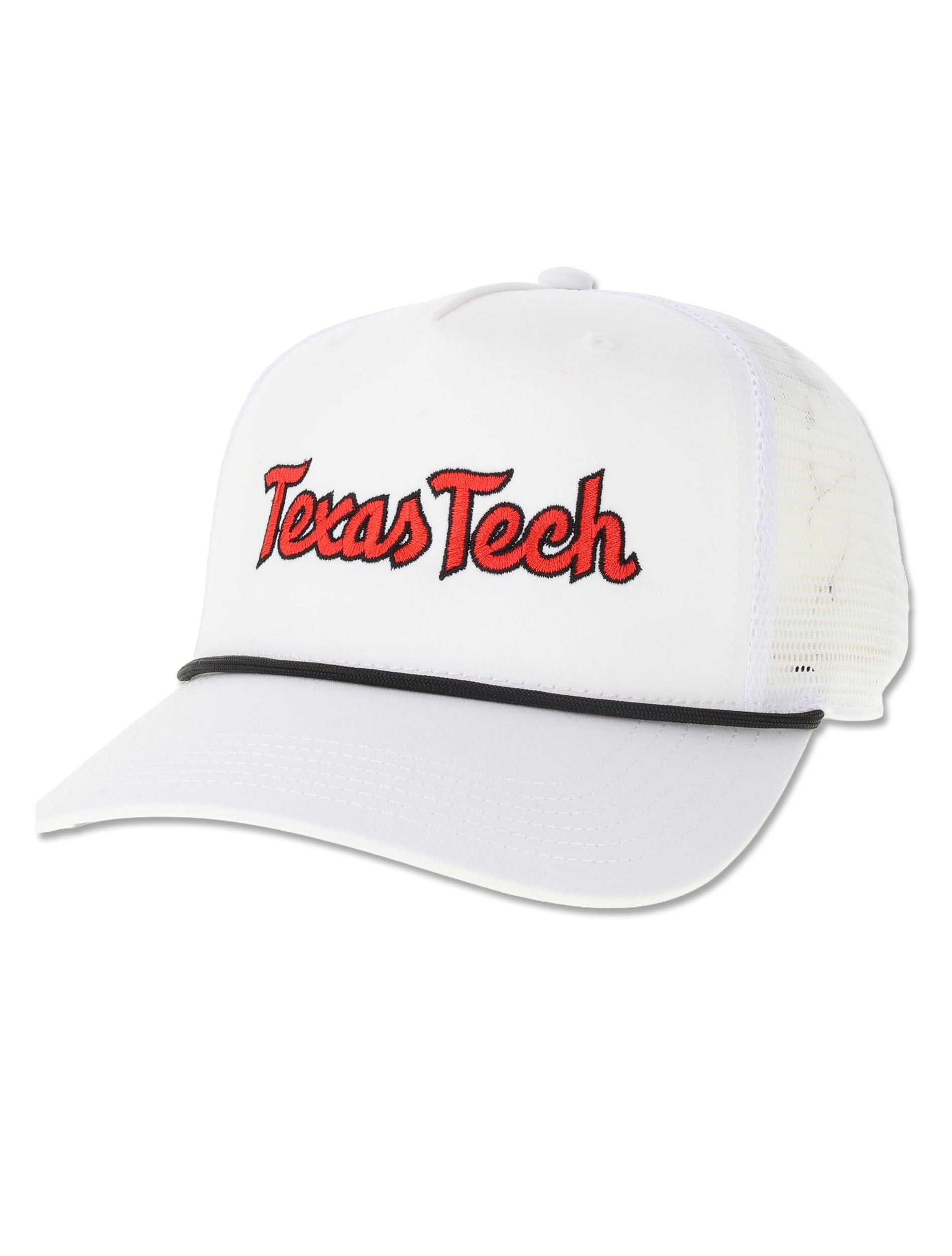 Legacy Texas Tech white rope trucker cap with Texas Tech embroidered in red script, black rope across the brim and white mesh back panels