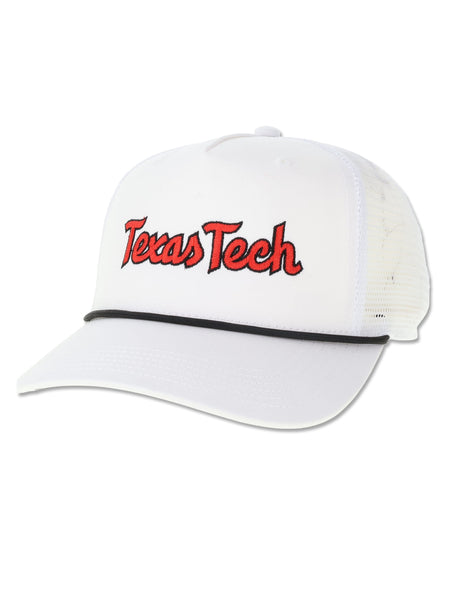 Legacy Texas Tech white rope trucker cap with Texas Tech embroidered in red script, black rope across the brim and white mesh back panels
