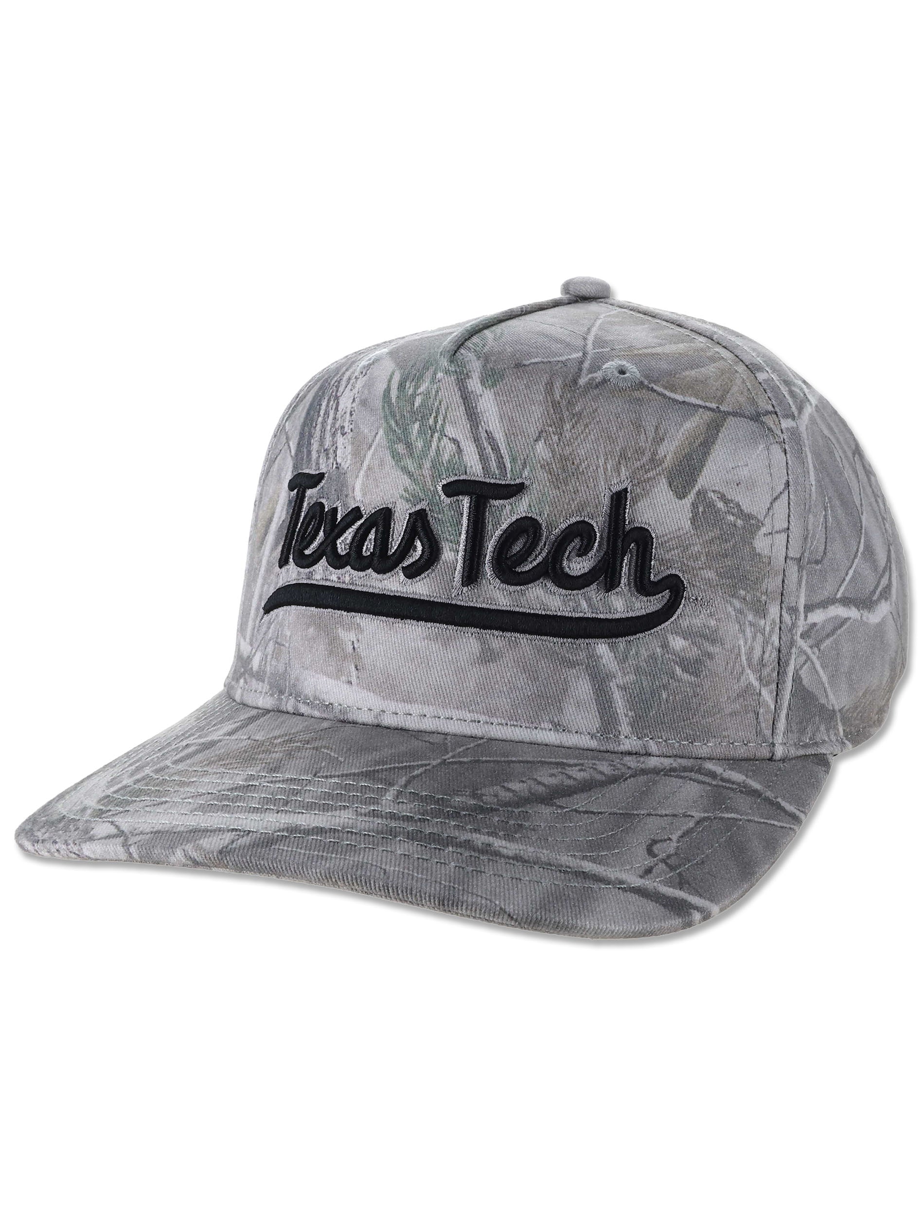 Legacy Texas Tech grey tree camo snapback cap with Texas Tech embroidered in black script and a long tail underline