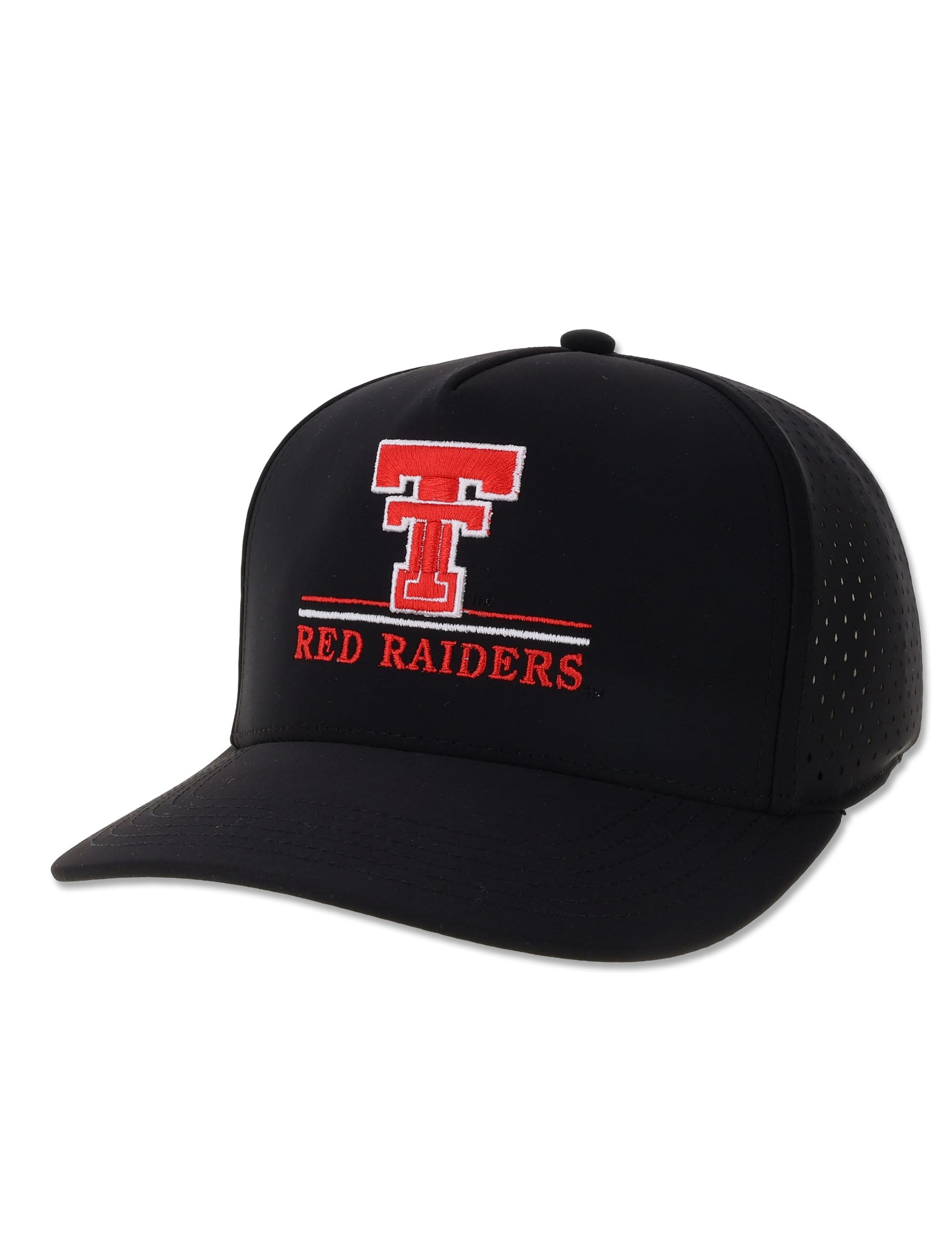 Legacy Texas Tech black youth snapback cap with the Double T embroidered in red above RED RAIDERS, laser cut venting on the side panels