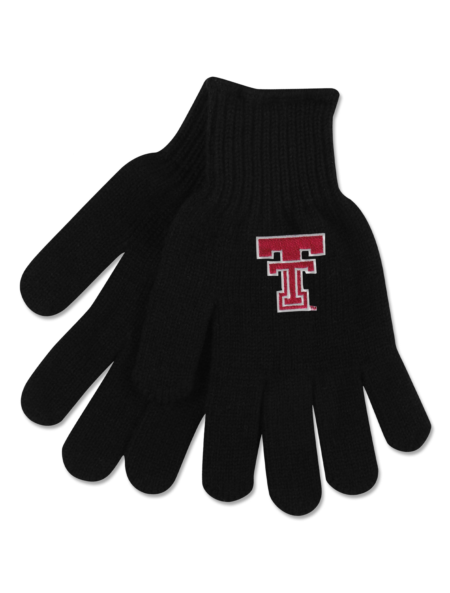 Pair of black Texas Tech knit gloves with a red Double T embroidered on the back of the hand and a ribbed cuff