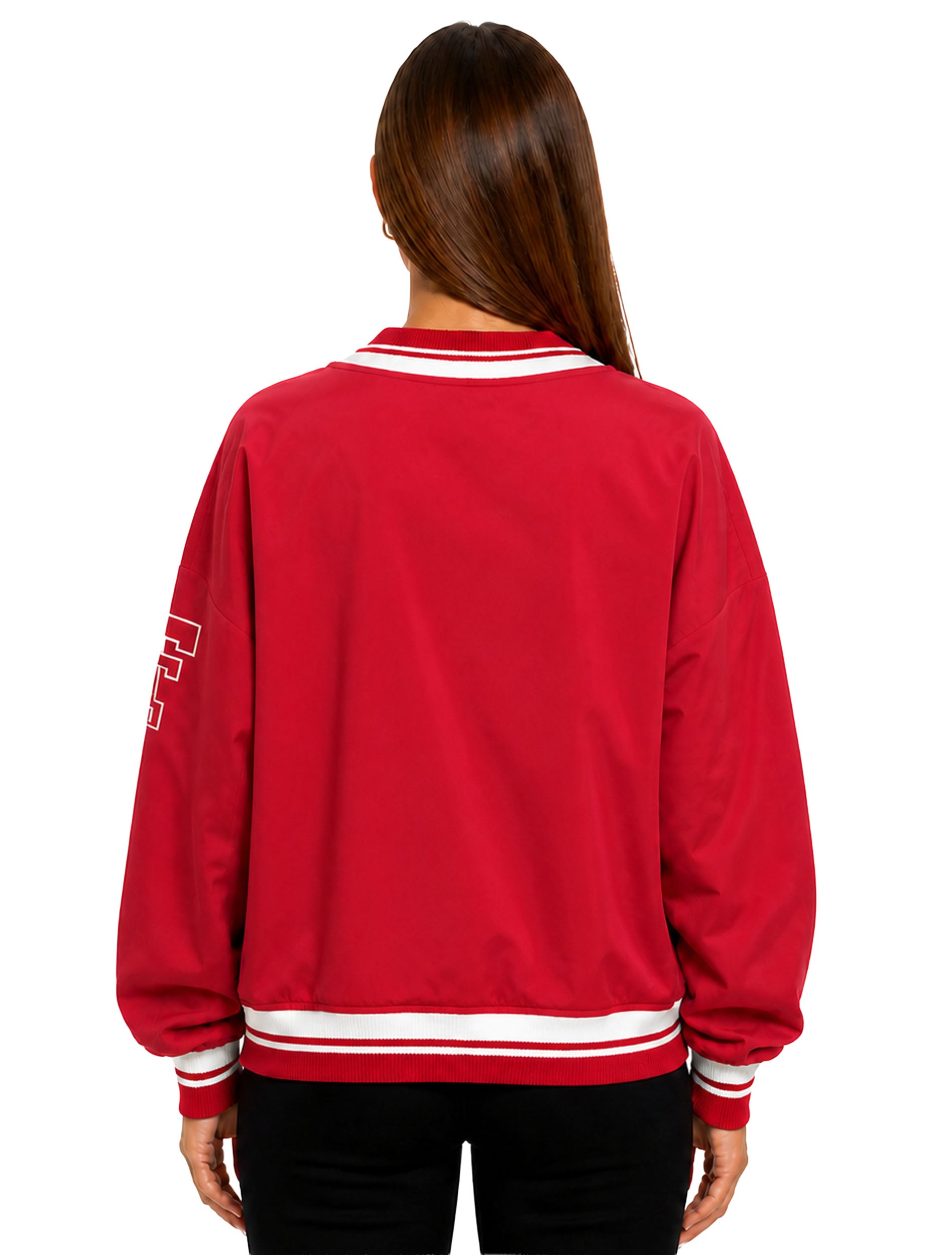 Back of the red V-neck pullover with red and white striped ribbed collar, cuffs and hem