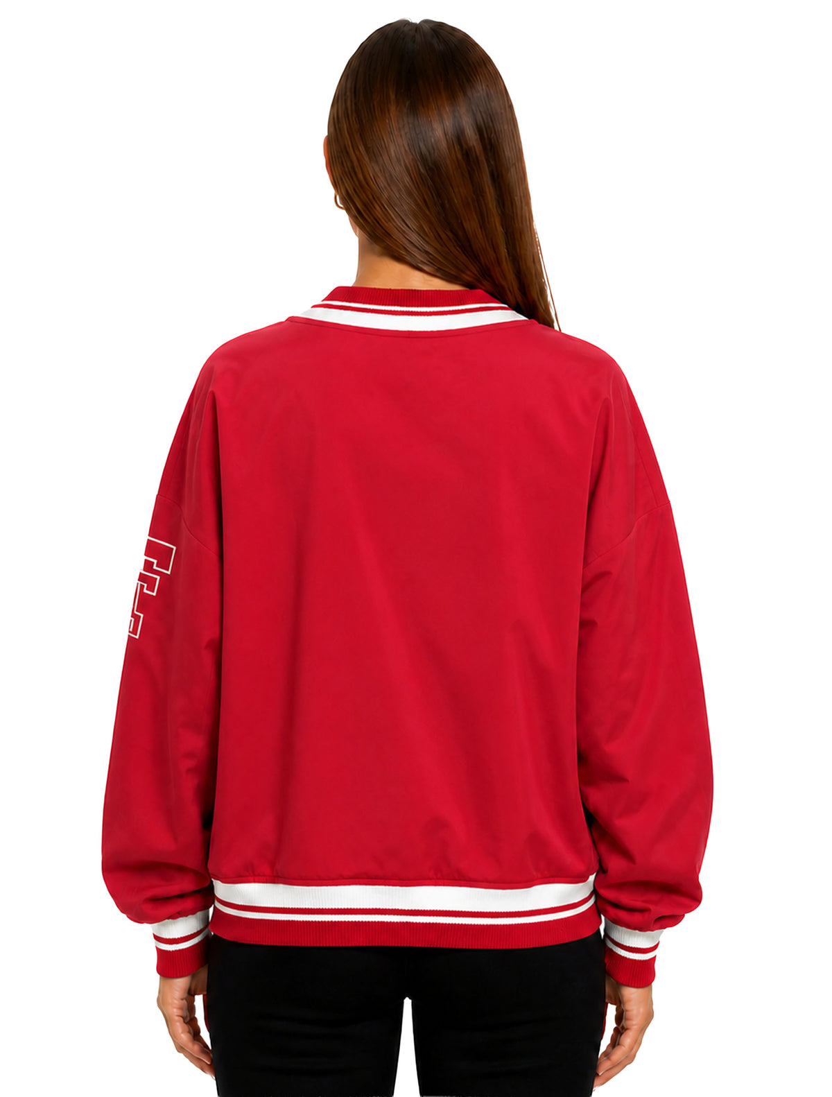 Back of the red V-neck pullover with red and white striped ribbed collar, cuffs and hem