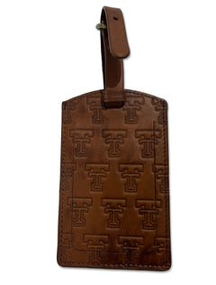 Back of the Lusso Texas Tech Shiloh brown leather luggage tag with the embossed Double T pattern