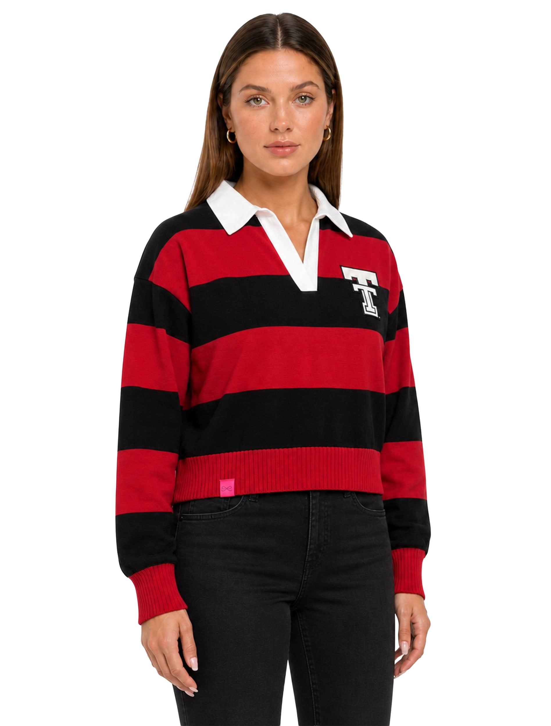 Lusso Texas Tech Silvia striped polo worn with black denim, three quarter view showing the boxy fit and drop shoulders