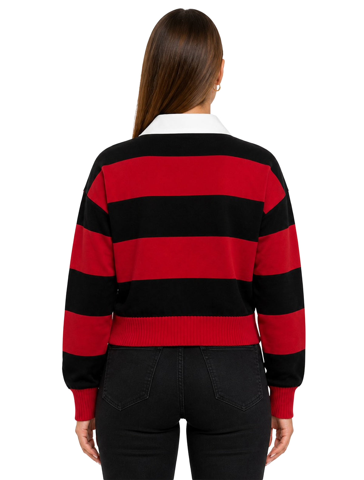 Back of the Lusso Texas Tech Silvia striped polo showing the red and black stripes, white collar and red ribbed hem