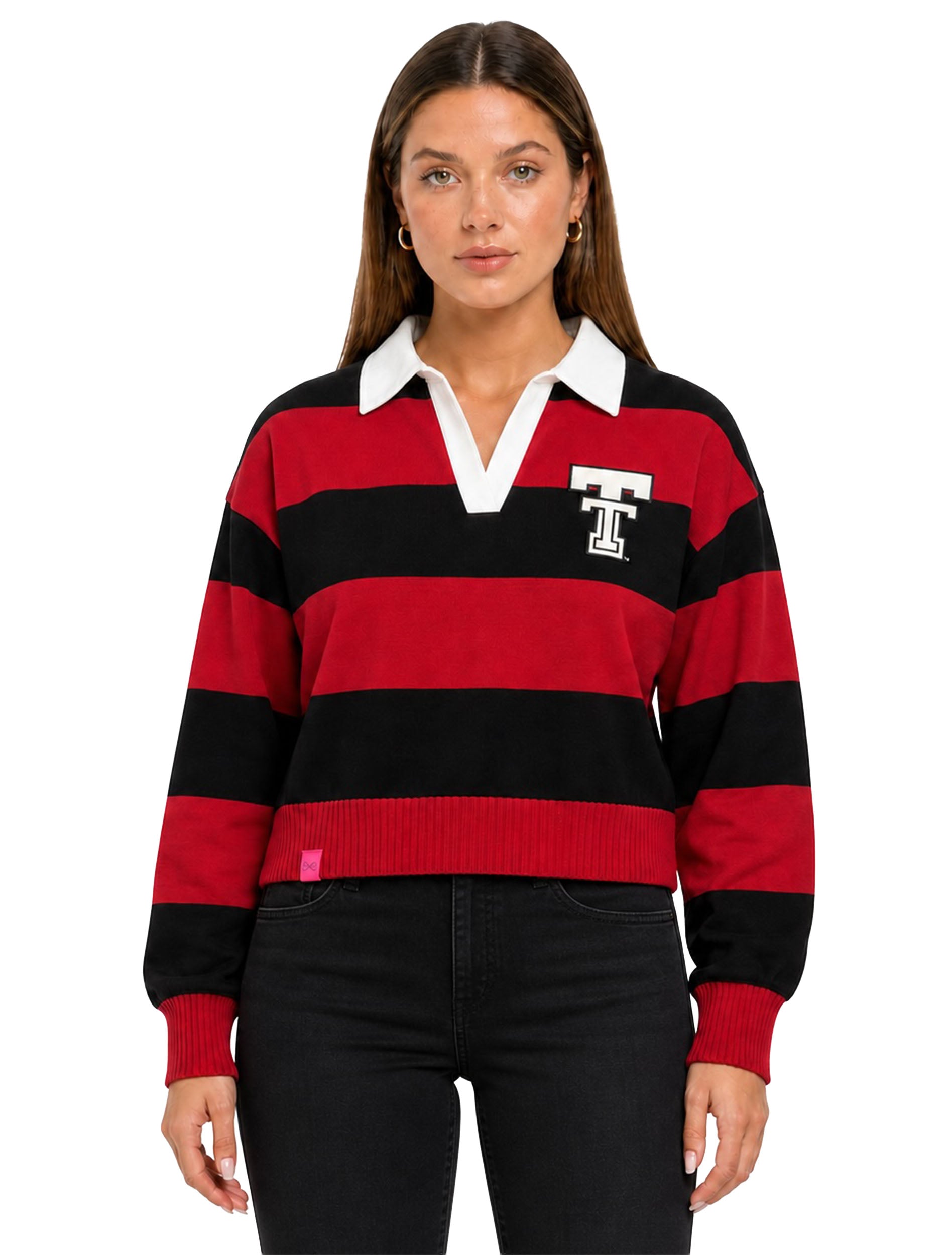 Lusso Texas Tech Silvia striped polo in red and black with a white collar and a white Double T patch on the left chest, front view on model
