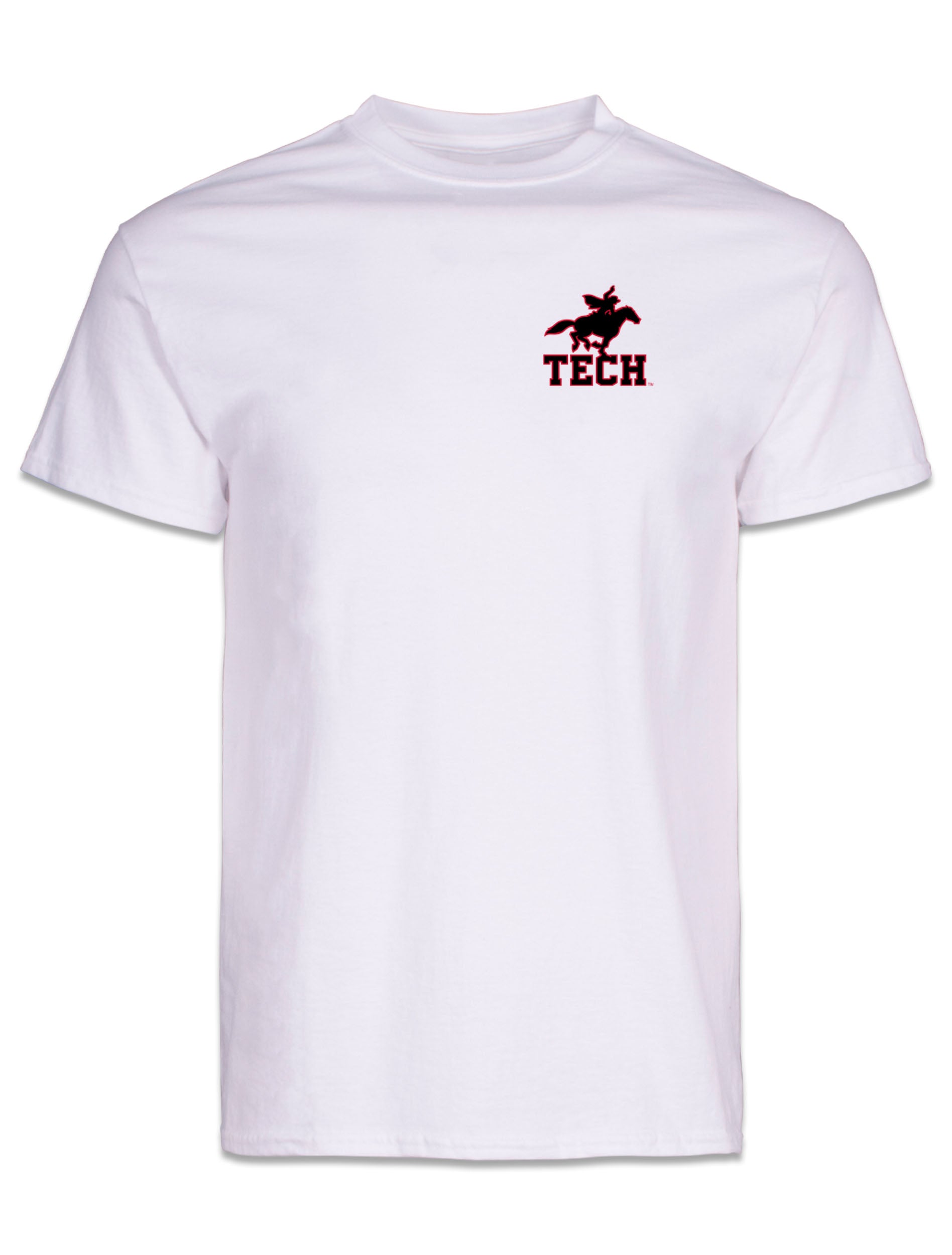 Front of the white Texas Tech pocket tee with the Masked Rider over TECH printed on the chest pocket
