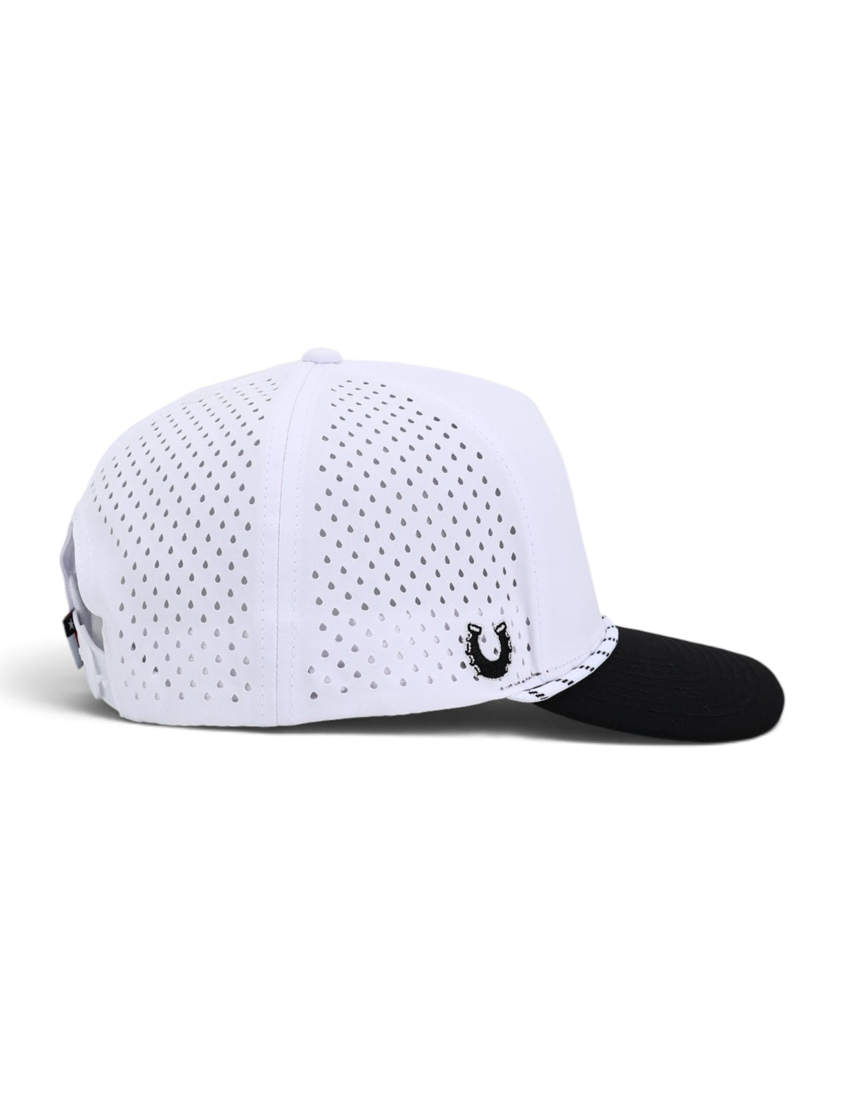 Side view of the Texas Tech Dark Horse Carbon Throwback white snapback cap showing the black flat brim, flecked rope and laser cut venting