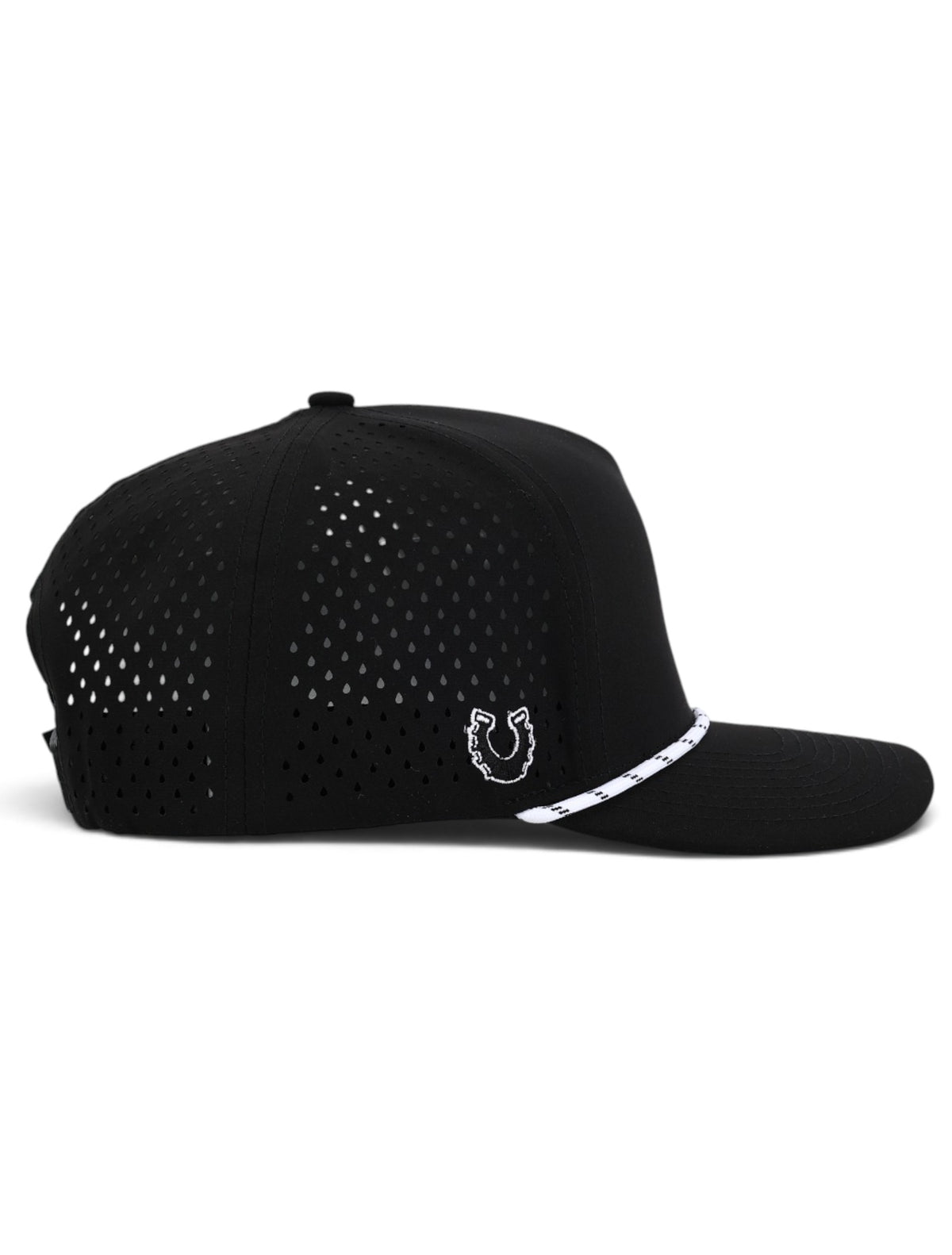 Side view of the Texas Tech Dark Horse Carbon Throwback black snapback cap showing the flat brim, white flecked rope and laser cut venting