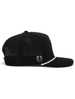 Side view of the Texas Tech Dark Horse black snapback cap showing the flat brim, white rope and laser cut venting