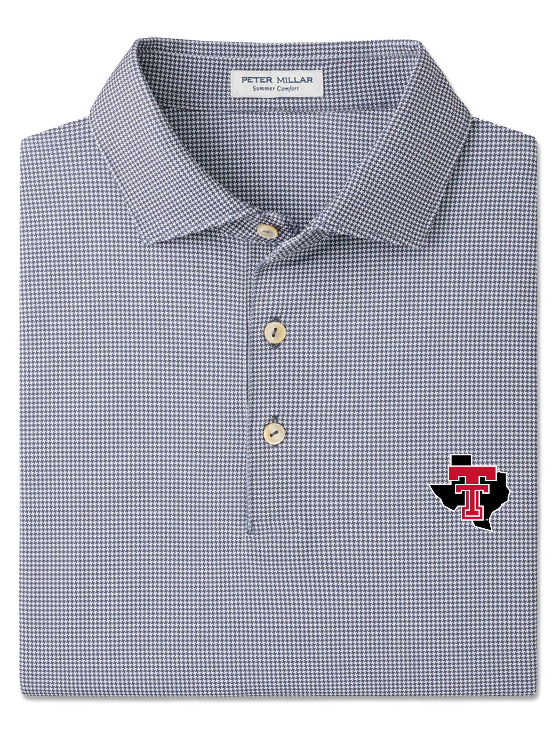 Texas Tech Red Raiders charcoal and white houndstooth Peter Millar performance polo with an embroidered Double T over the state of Texas on the left chest