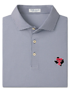 Texas Tech Red Raiders charcoal and white houndstooth Peter Millar performance polo with an embroidered Double T over the state of Texas on the left chest
