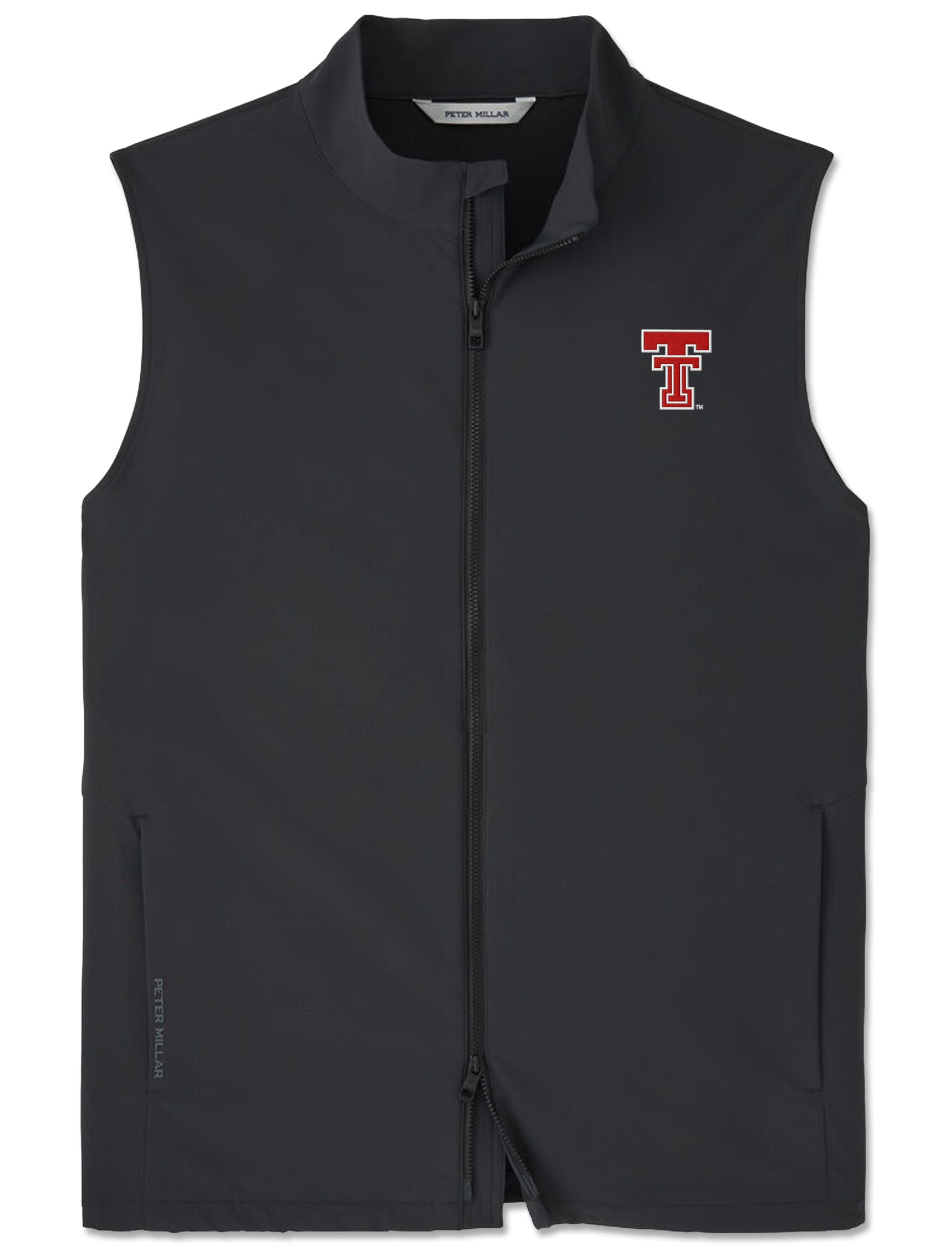 Black Peter Millar Texas Tech Dunes vest with a red throwback Double T on the left chest and a full zip