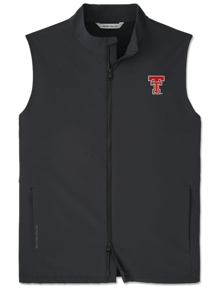 Black Peter Millar Texas Tech Dunes vest with a red throwback Double T on the left chest and a full zip