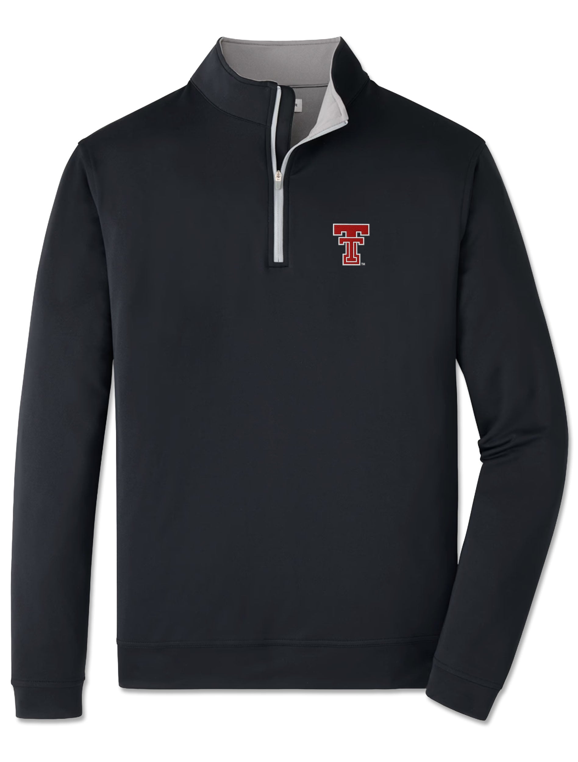 Black Peter Millar Texas Tech Perth quarter zip with a red throwback Double T on the left chest and grey contrast zip tape