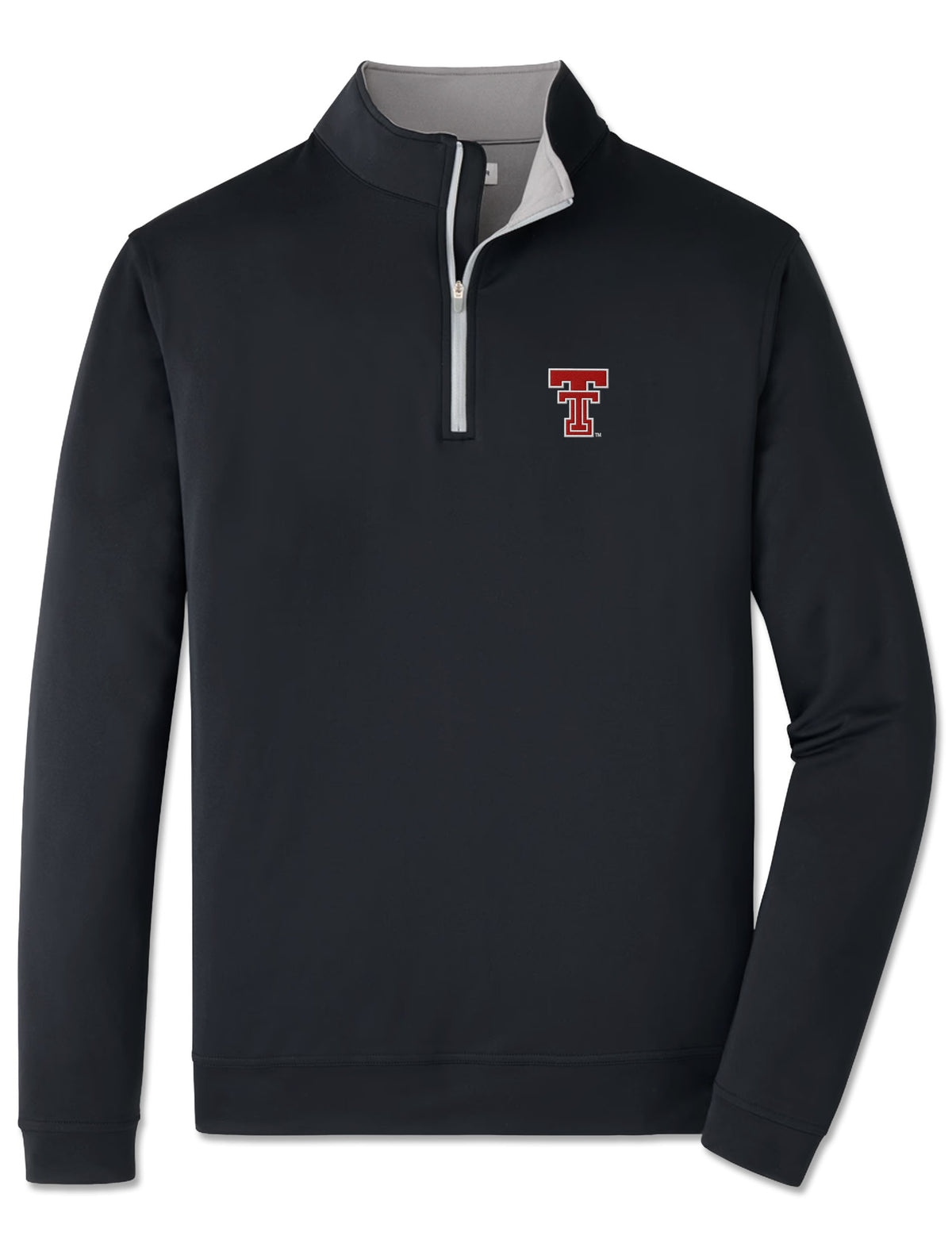 Black Peter Millar Texas Tech Perth quarter zip with a red throwback Double T on the left chest and grey contrast zip tape