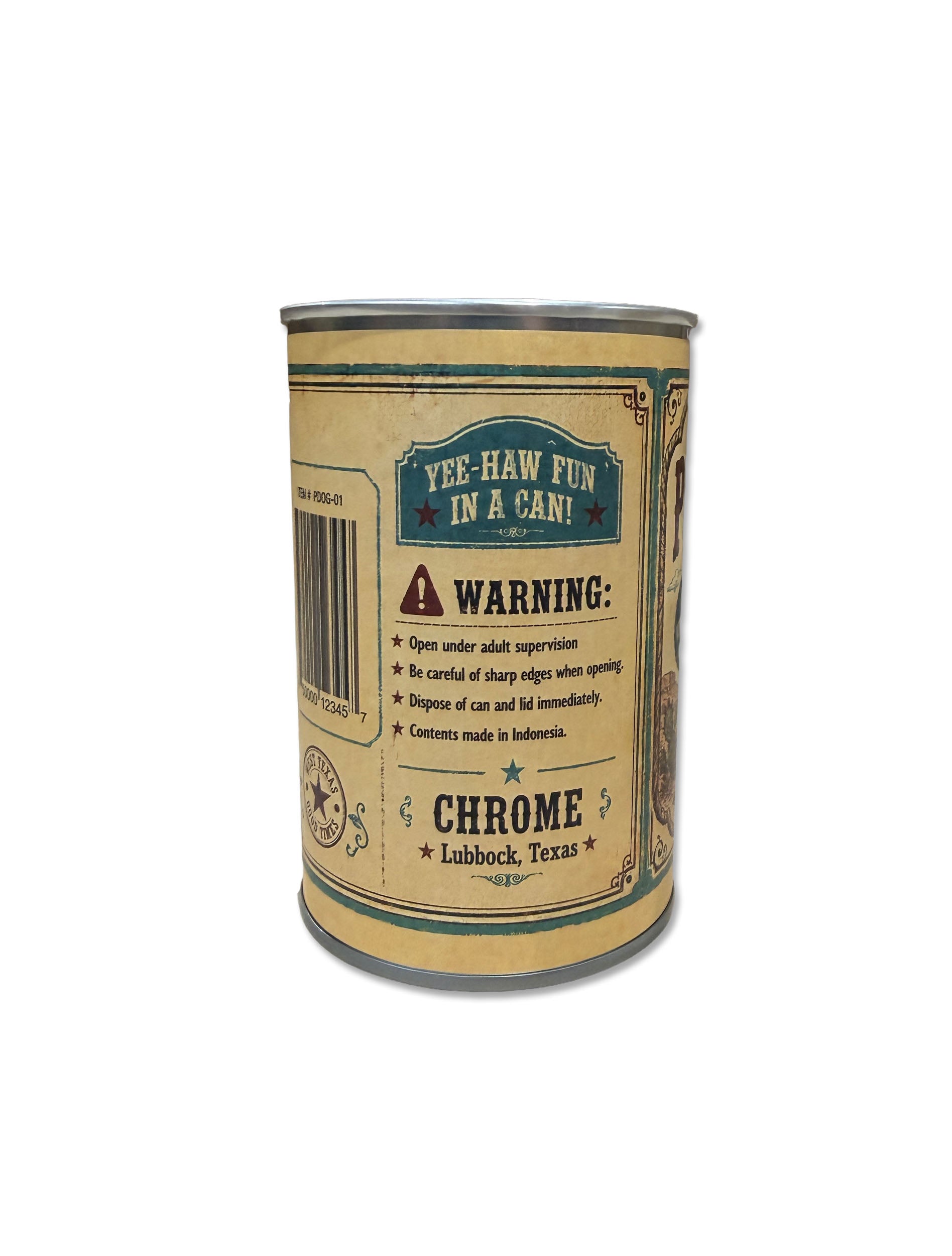Back of the tin can showing the label panel with the product details