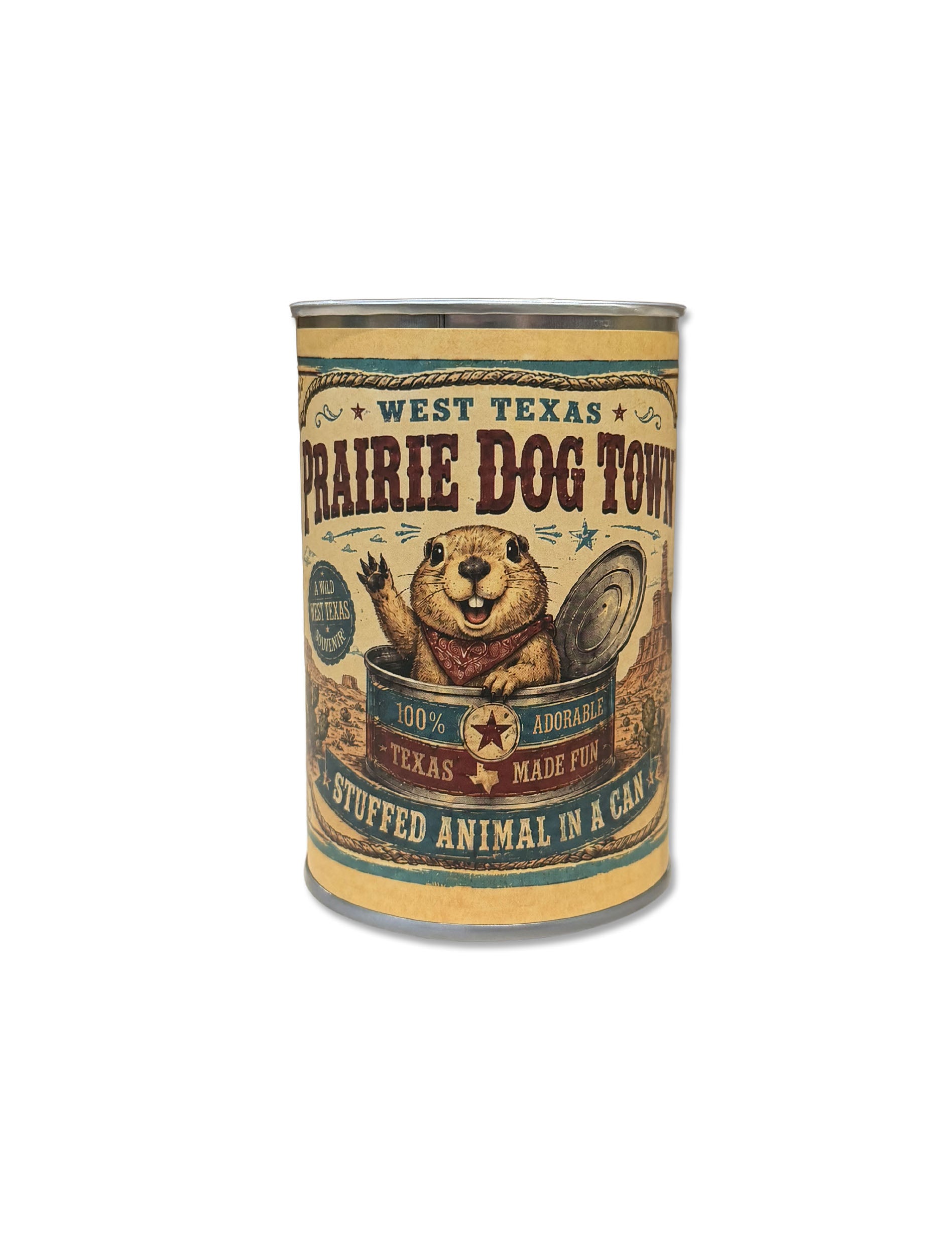Front of the tin can printed in a vintage western style with WEST TEXAS PRAIRIE DOG TOWN and an illustrated prairie dog in a bandana