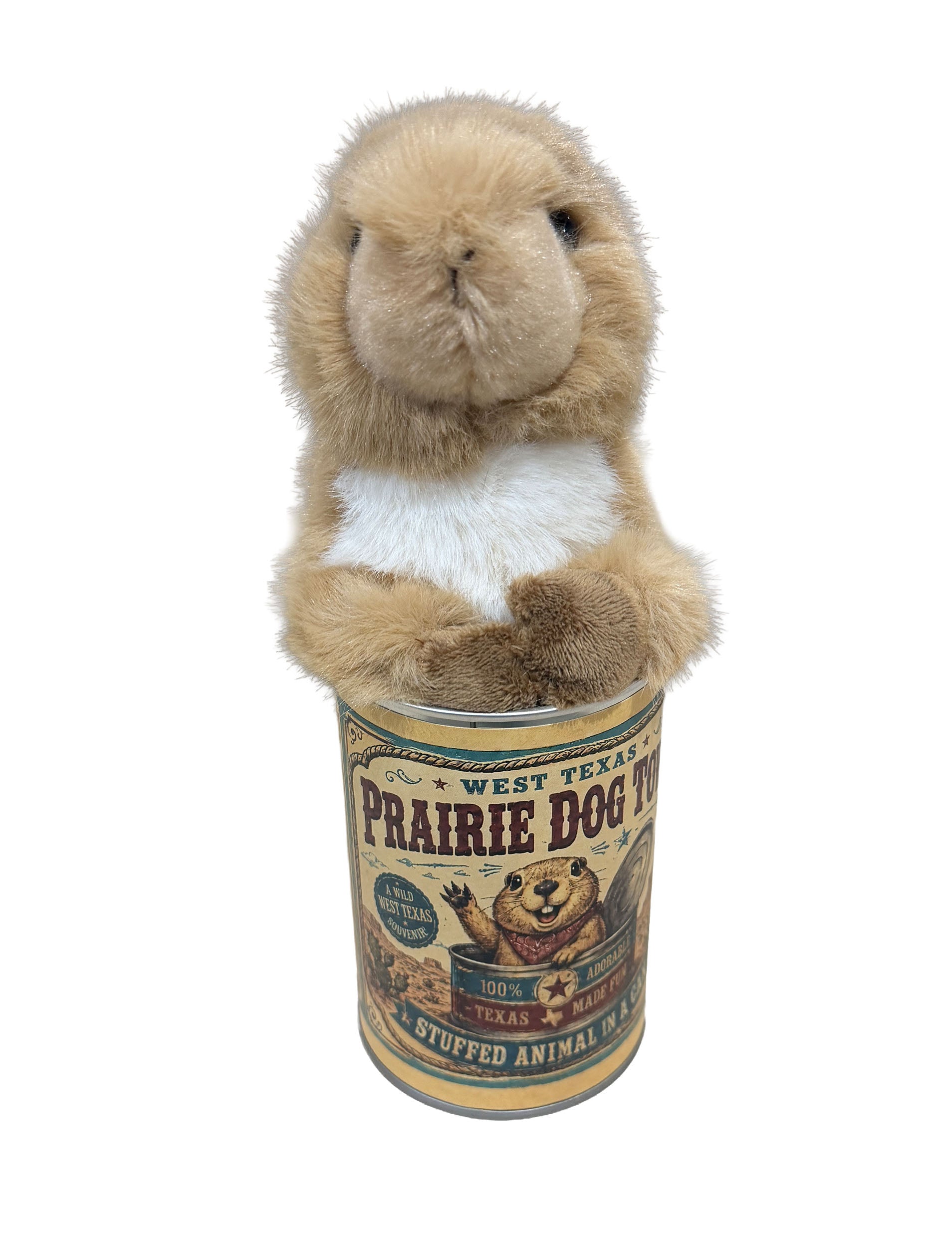 Plush prairie dog sitting up out of the top of the printed tin can