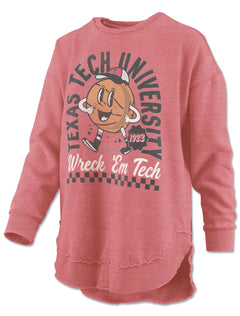 Faded red Pressbox Texas Tech “Basketball Man” poncho fleece with a retro cartoon basketball mascot, 1923 badge and Wreck ’Em Tech script