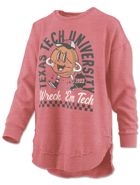 Faded red Pressbox Texas Tech “Basketball Man” poncho fleece with a retro cartoon basketball mascot, 1923 badge and Wreck ’Em Tech script