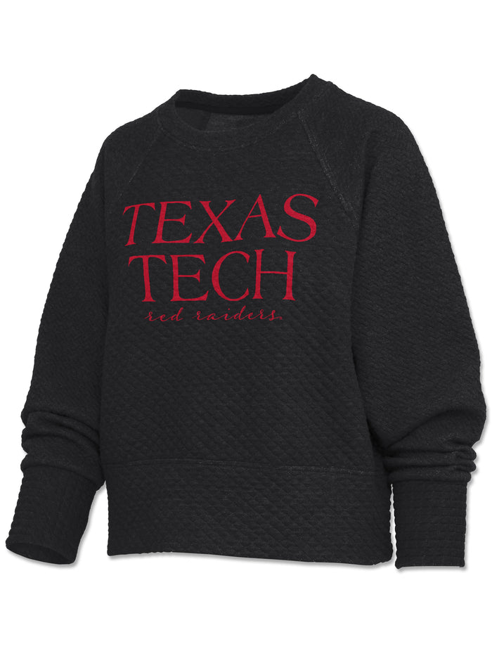 Black Pressbox Texas Tech “Champagne Nora” raglan mini quilted fleece crew with red TEXAS TECH serif lettering and Red Raiders script