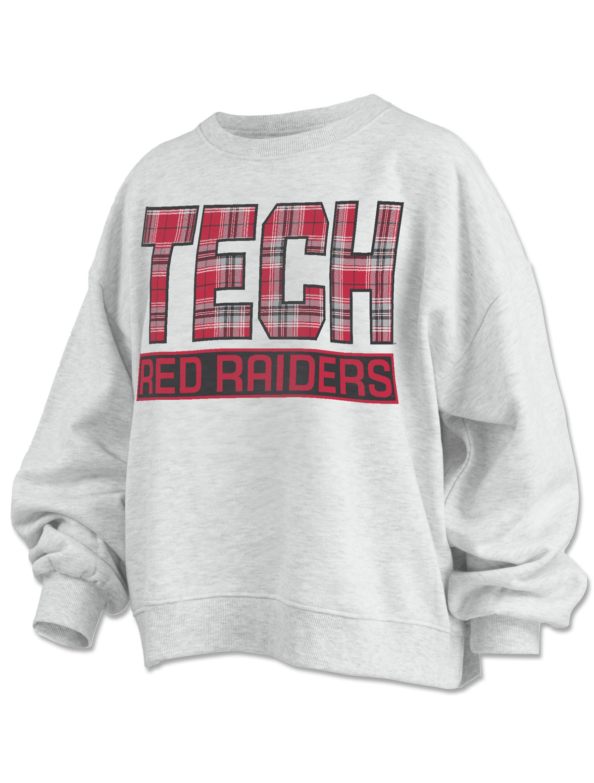 Ash grey Pressbox Texas Tech “Endzone Plaid Janise” oversized crew fleece with red plaid TECH lettering over RED RAIDERS on a black bar