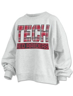 Ash grey Pressbox Texas Tech “Endzone Plaid Janise” oversized crew fleece with red plaid TECH lettering over RED RAIDERS on a black bar