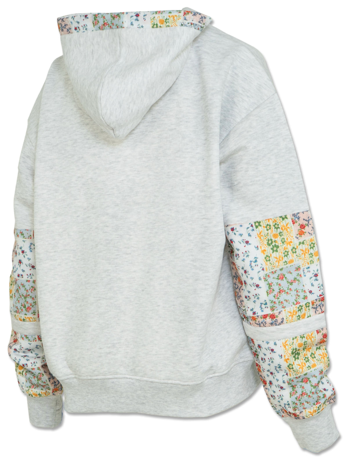 Back view of the Pressbox Texas Tech “Granny” hooded reverse weave showing the plain oatmeal back and floral patchwork sleeve panels
