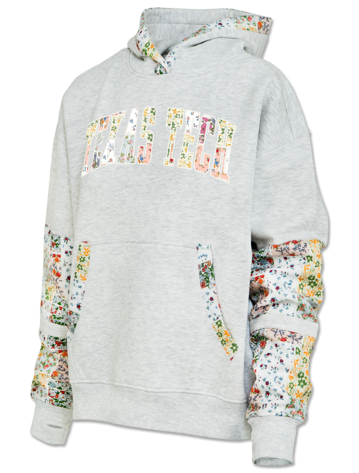 Oatmeal Pressbox Texas Tech “Granny” hooded reverse weave with floral patchwork sleeves and TEXAS TECH in floral patchwork lettering, front view