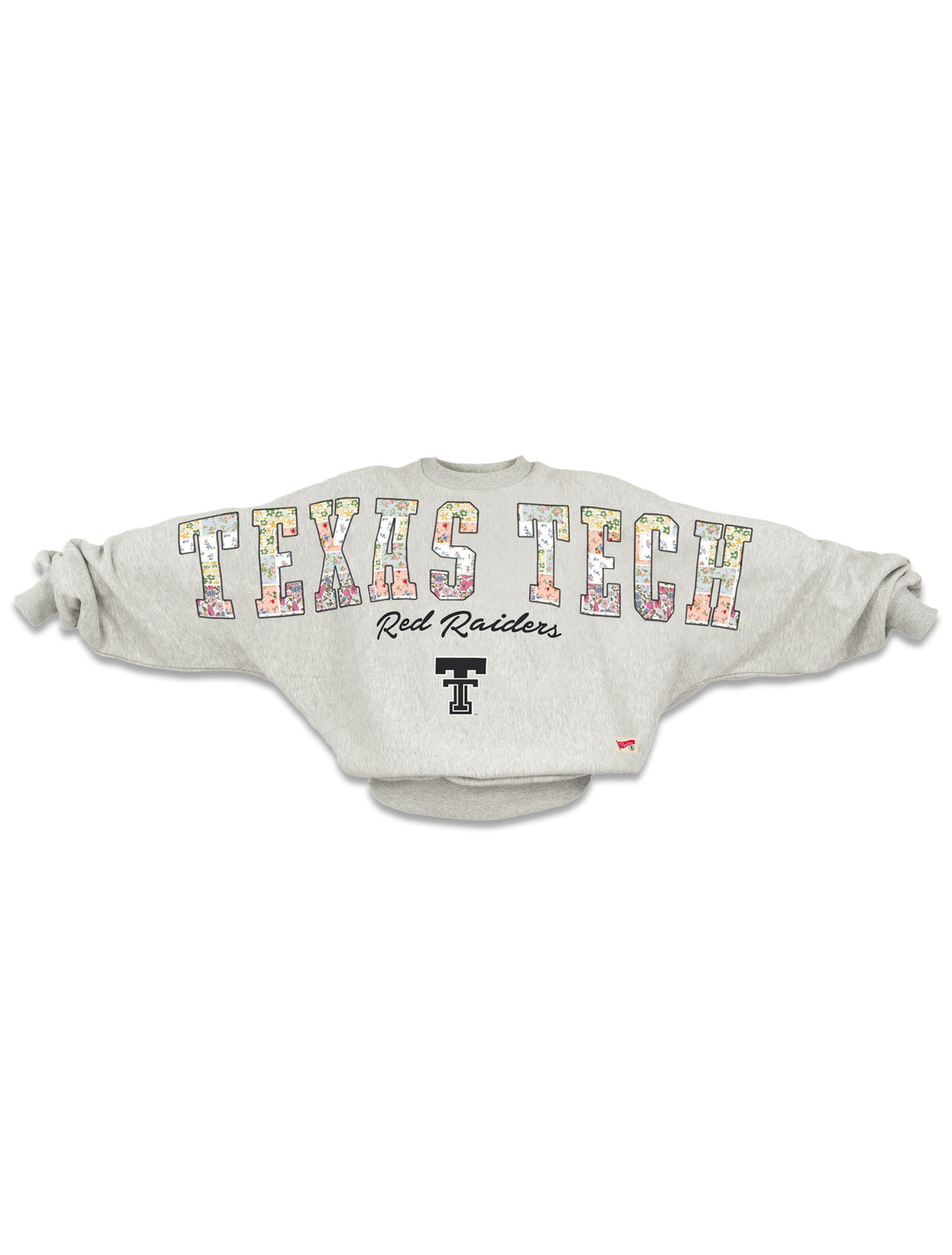 Pressbox Texas Tech Hilda BMOC oversized crew fleece laid flat, showing the floral patchwork TEXAS TECH lettering running shoulder to shoulder