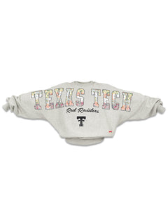 Pressbox Texas Tech Hilda BMOC oversized crew fleece laid flat, showing the floral patchwork TEXAS TECH lettering running shoulder to shoulder