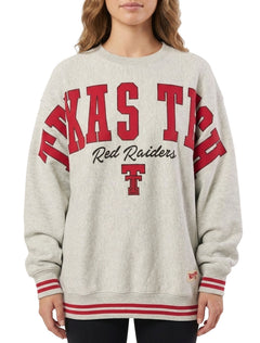 Model wearing the Pressbox Texas Tech Kalamazoo Flanigan grey crew fleece with black leggings