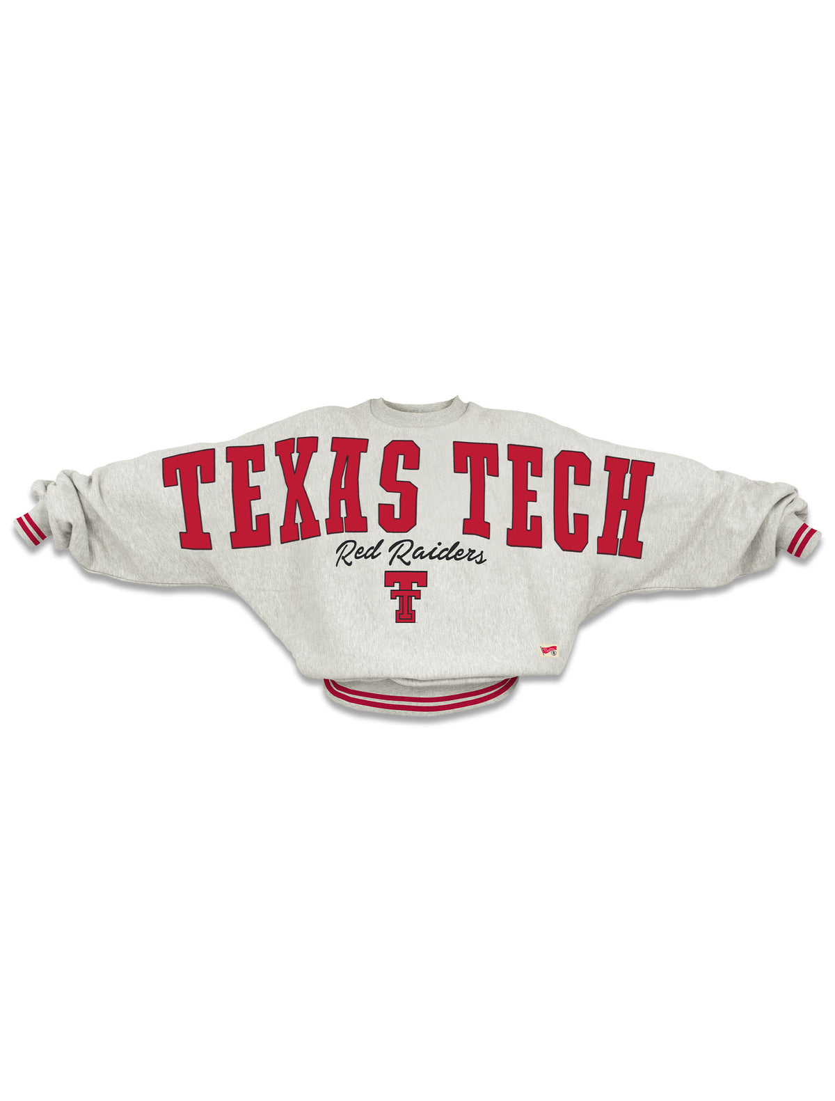 Pressbox Texas Tech Kalamazoo Flanigan grey crew fleece laid flat, front view