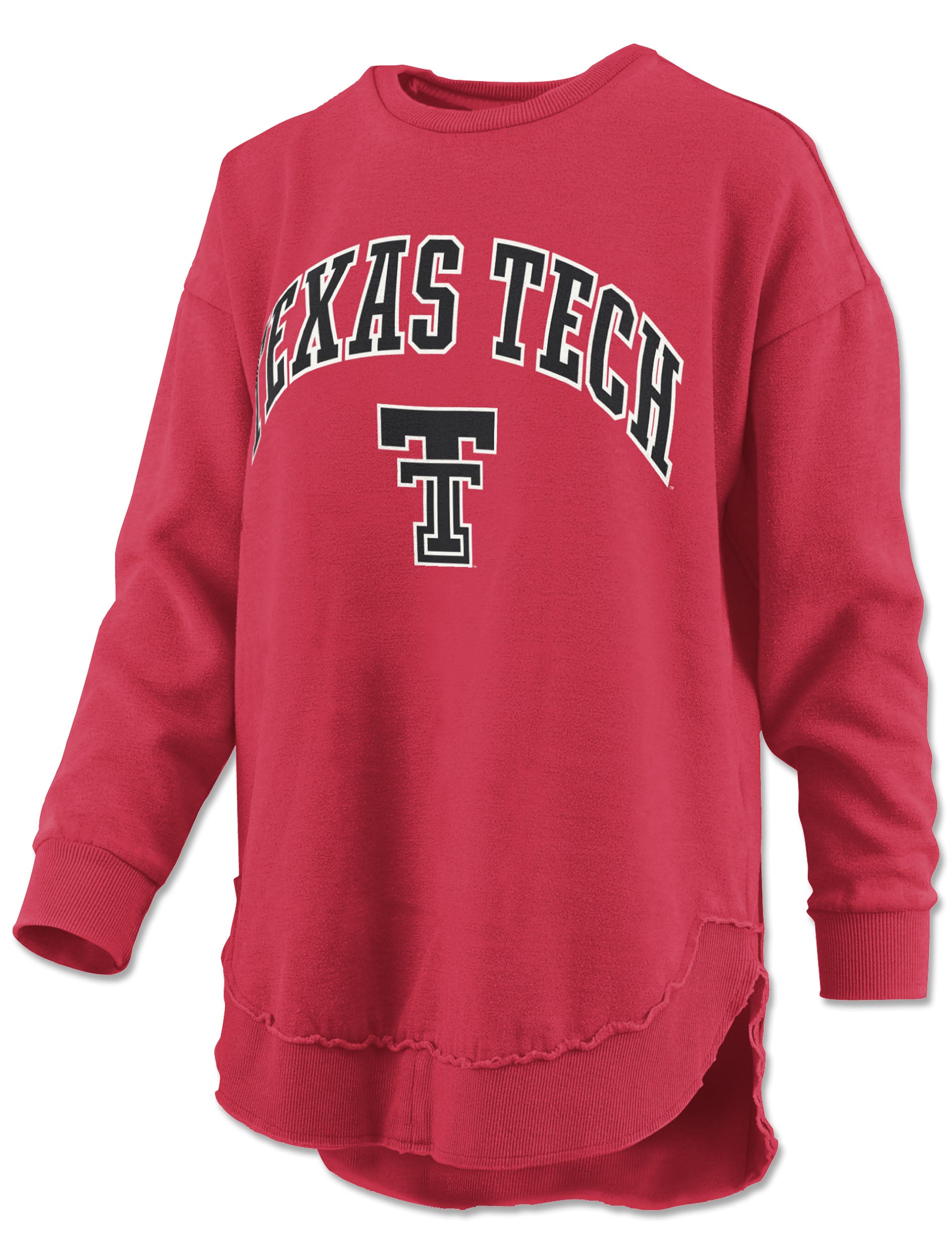 Pressbox Texas Tech oversized red poncho fleece with TEXAS TECH arched in black above the Double T and a raw curved hem